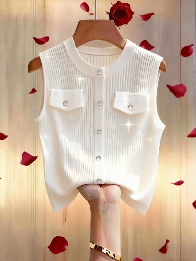 GlowEve CURVE Plus Size Sleeveless Pleated Button Decor Round Neck Tank Top Sleeveless Shirts For Women Summer Tops Women Knit Tops White Vest For Women Ribbed Shirt