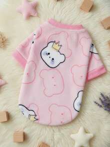 PETSIN 1 Pc Pink Flannel Pet Sweatshirt With Crown Bear Print, Warm - Multicolor - View 1