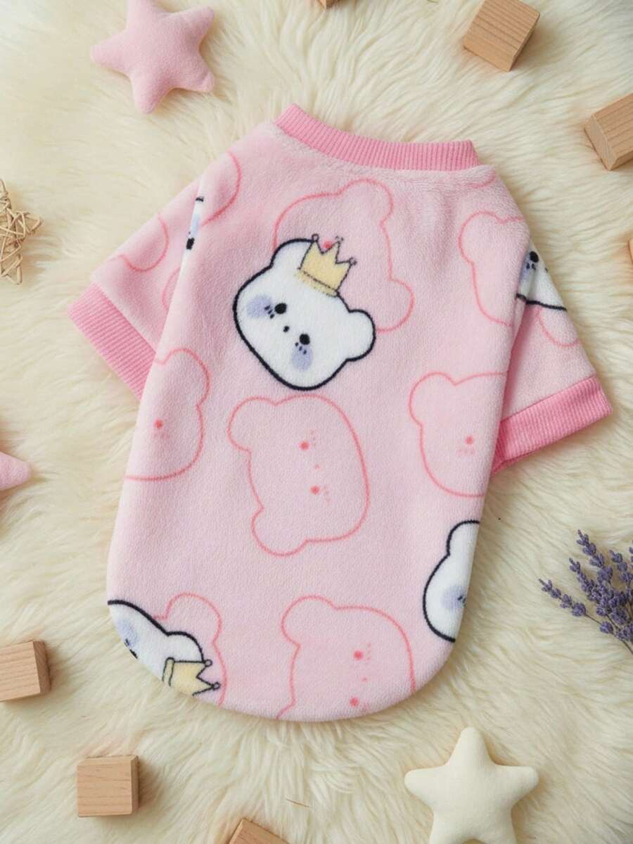 PETSIN 1 Pc Pink Flannel Pet Sweatshirt With Crown Bear Print, Warm - Multicolor - View 1