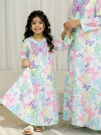 SHEIN Super Cute Girls' Toddler Butterfly-Print V-Neck Flare-Sleeve Maxi Dress, Showcasing A Sweet And Adorable Princess Vibe; Made From Comfortable Fabric That Gently Cares For Your Little One's Delicate Skin-Perfect For Both Everyday Outings And Festive Gatherings, Effortlessly Stealing The Spotlight! Long Maxi Dress For Kids Butterfly Print Dress Kids Girls Pastel Long Sleeve Dress