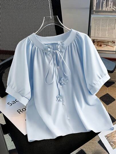 GlowEve CURVE Plus Size Women's Early Spring Blue Casual Loose Tie Neck 3D Floral Button-Up Shirt