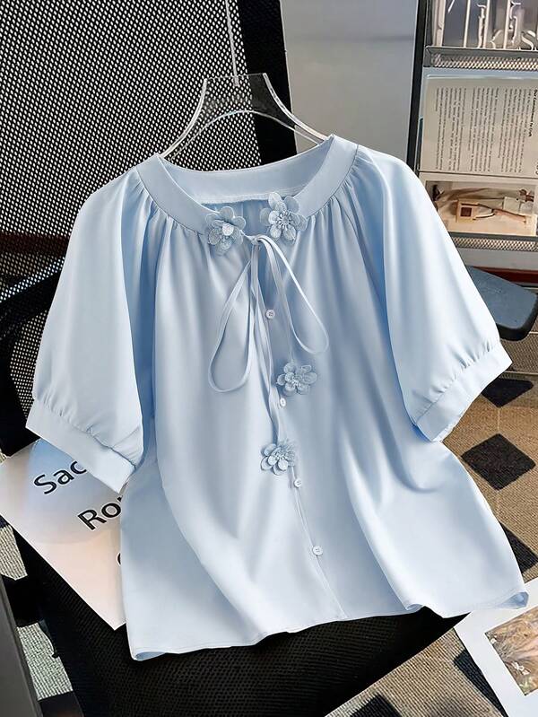 GlowEve CURVE Plus Size Women's Early Spring Blue Casual Loose Tie Neck 3D Floral Button-Up Shirt