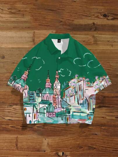 Manfinity Joysei 男士短袖前开襟纽扣时尚印花夏季休闲短款衬衫