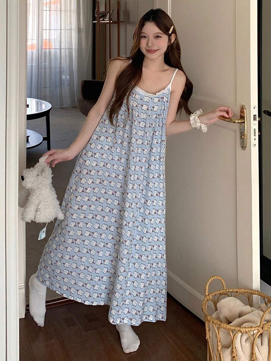 DAZY Happy Dog Cartoon Print Full-Length Slip Dress For Women - Blue - View 1