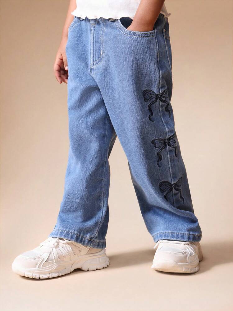 Butterfly Embroidered Wide Leg Jeans With Bow Details