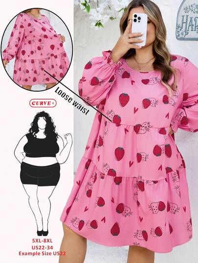SHEIN CURVE+ Plus Size Vintage Leopard Spot Pattern Loose Fit Crew Neck Long Sleeve Dress, Suitable For Autumn/Winter