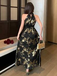 DAZY 女士无袖印花面料收腰优雅中长连衣裙夏季长裙 - 黑色 - 查看 5