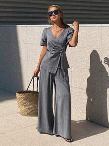 DAZY Women's V-Neck Short Sleeve Pleated Front Puff Sleeve Top And Loose Straight Elastic Waist Pants 2 Piece Casual Set - Grey - View 6