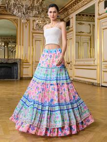 LOTSLUV Women's Blue & Pink Placement Print, Ruched Flounce Hem, High-Low Hem, A-Line Skirt - Multicolor - View 5