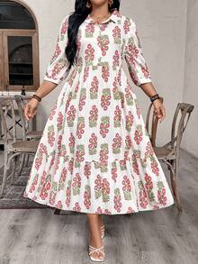 EMERY ROSE Plus-Size Women's Romantic Floral Mid-Length Layered Pleated Casual  For Spring And Summer Shirt Dress - Apricot - View 6