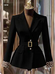 GlowEve CURVE Plus Size Women Elegant Commuter Long Sleeve Colorblock Leopard Print Blazer - Black - View 1