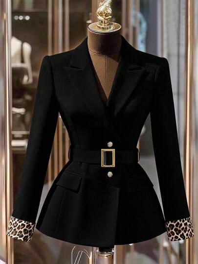 GlowEve CURVE Plus Size Women Elegant Commuter Long Sleeve Colorblock Leopard Print Blazer