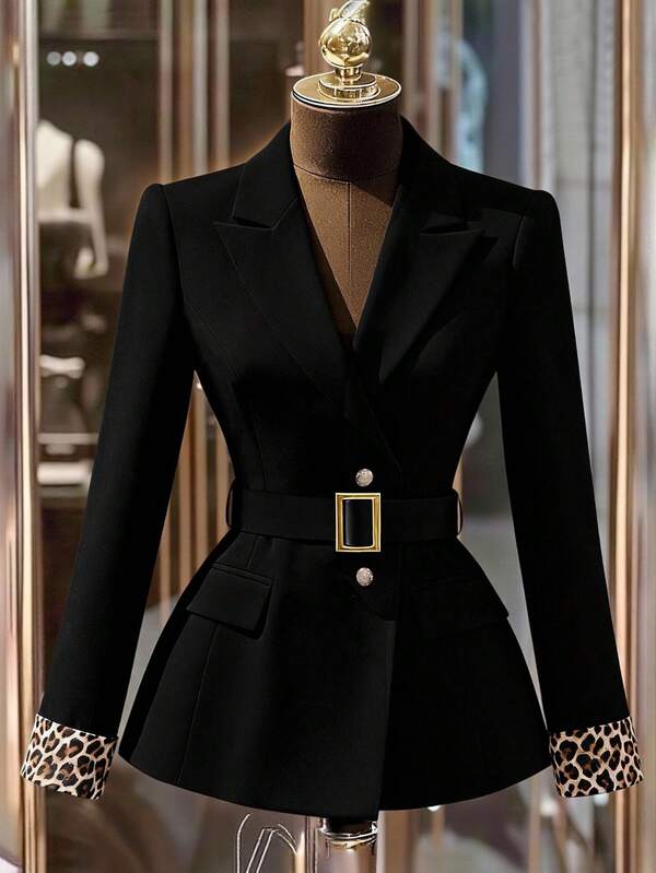 GlowEve CURVE Plus Size Women Elegant Commuter Long Sleeve Colorblock Leopard Print Blazer