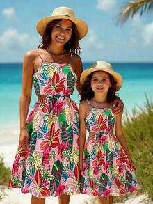 Tween Girls Casual Floral Print Hollow Out Waist Jumper Dress Summer Holiday - Multicolor - View 1