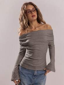 SHEIN BAE Women's Solid Color Minimalist Oblique Shoulder Casual Top - Brown - View 3