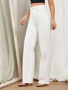 SHEIN PETITE Quần jeans nữ dáng suông, cạp cao, túi xéo, màu trơn, kiểu dáng thường ngày. - trắng - Xem 4