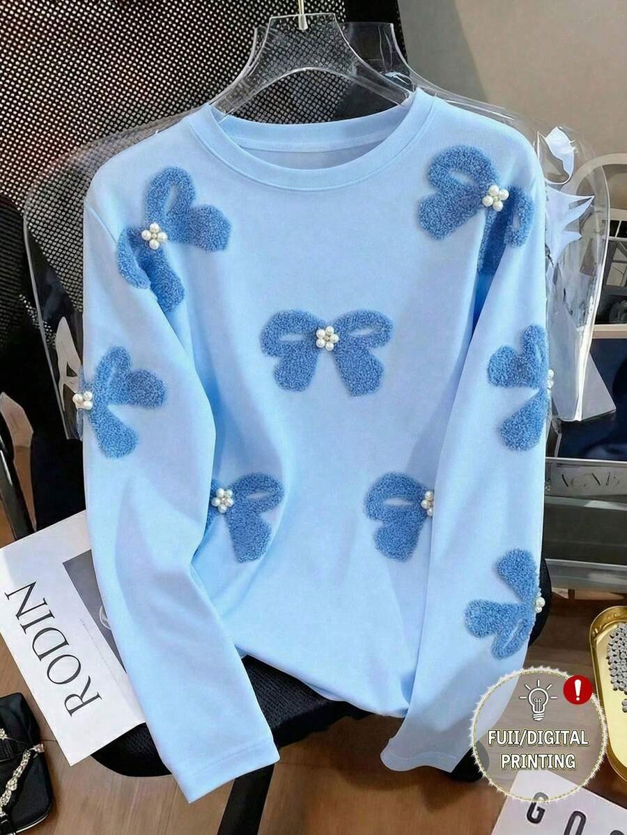 Resyla Women's Round Neck T-Shirt With Bow & Pearl Print, Digital Printed Faux Pearl Design - Multicolor - View 1