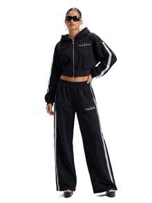BABYPHAT 阔腿慢跑裤，侧边饰有水钻条纹，弹性腰带抽绳设计，休闲运动裤，秋冬居家服 - 黑色 - 查看 3