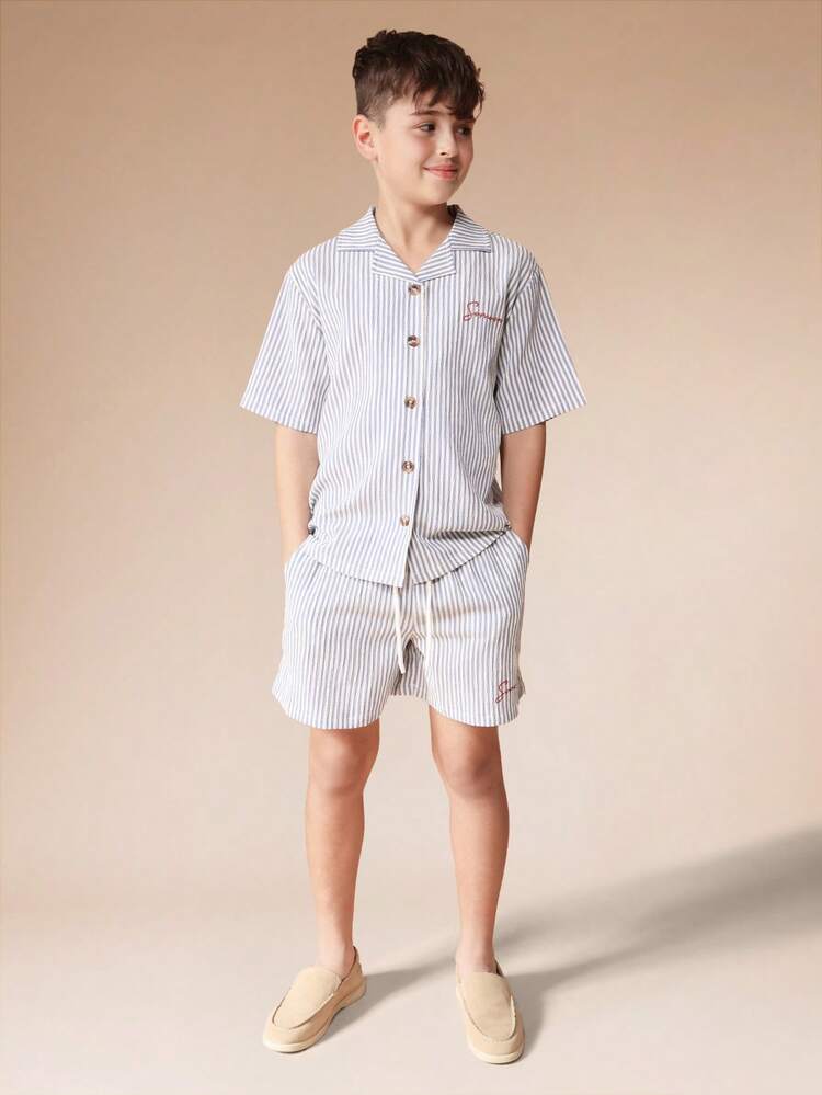 Striped Shirt And Shorts Set With Button Front