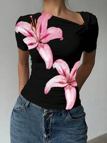 Siren Gaze Áo thun nữ tay ngắn dáng ôm, cổ lệch, nhún bèo, kiểu dáng thường ngày thanh lịch, thích hợp cho mùa hè. - màu đen - Xem 3