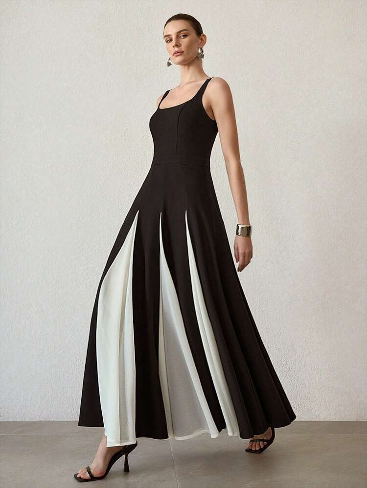 WOMEN'S FRENCH STYLE BLACK & WHITE COLOR BLOCK SLIP DRESS, VACATION & EVENING GOWN
