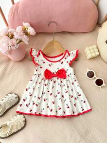 Newborn Baby Girl Cute Knitted Color Block Bow&Cherry Print Flutter Sleeve Dress Sleeveless Floral Dresses - Red - View 4