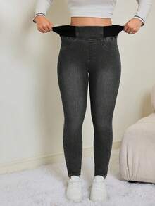 SHEIN Tall Women's Casual Washed High Waist Slim Fit Jeans Autumn/Winter Elastic Waistband High-Stretch Comfort Fabric Dark-Wash Skinny Jeans - Grey - View 4