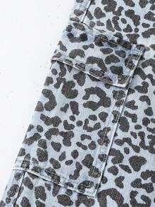 SHEIN ChillGRL Tween Girl Y2K Casual Streetwear Multi-Pocket Drawstring Waist Leopard Print Washed Blue Cargo Jeans - Light Grey - View 4