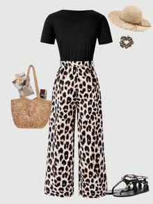 SHEIN ChillGRL 1 Stück lässiger, minimalistischer, modischer Outdoor Jumpsuit mit schwarzem Streifen- und Leopardenmuster für Teenager, Sommerurlaub & Ausflüge - Schwarz - Übersicht 2
