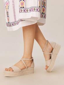Sandálias Anabela de Plataforma Casual de Cor Sólida Tecida Styleloop para Mulheres, Sandálias Anabela de Lona com Tira no Tornozelo Estilo Retrô Boêmio de Férias, Sapatos de Primavera e Verão para Primavera, Páscoa - Damasco - Visão 4