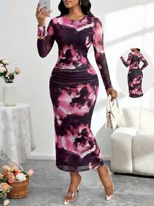 SHEIN Lady Women's Floral Print Round Neck Long Sleeve Pleated Fitted Elegant Mid-Length Dress - Multicolor - View 1