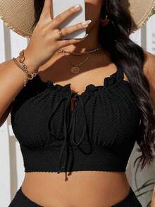 Swim Lushoire Plus Size Women's Solid Color Textured Frill Trim Tie Front Swimwear Top, Summer Beach - Black - View 4