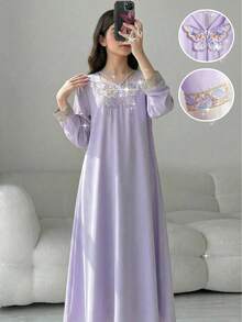 Tween Girl's Spring Vacation Style V-Neck Butterfly Embroidered Loose Dress - Mauve Purple - View 3