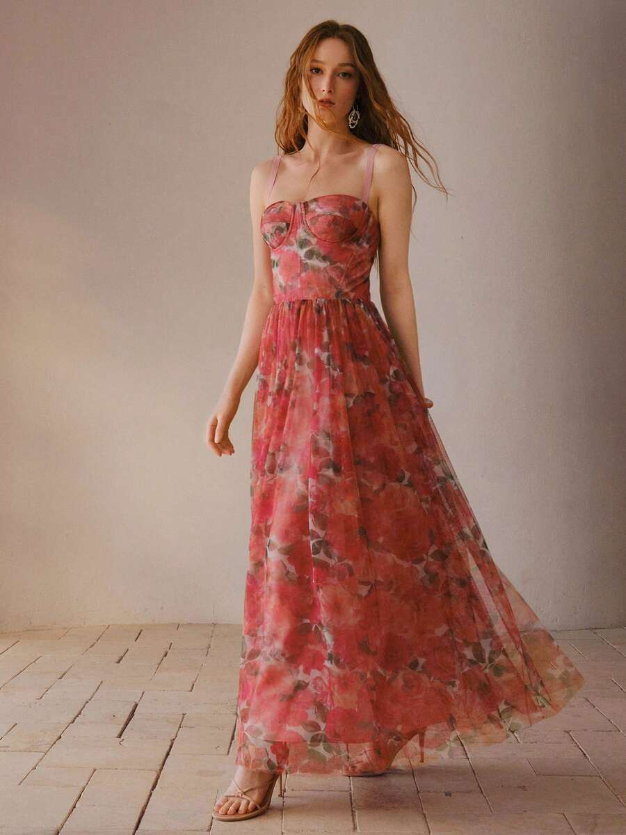 MOTF PREMIUM WOMEN'S VACATION STYLE ROSE PRINT MESH BUSTIER WAIST CINCHED DRESS - Pink - View 1