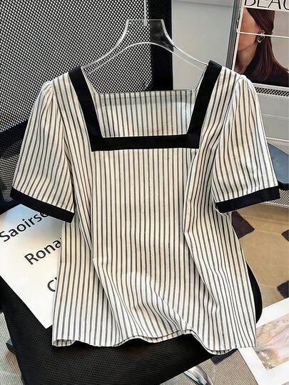 Franclia 2026 New Arrival Women's Square Neck Short Sleeve Top, Black Color Block & Striped Design, Neckline And Cuff Contrast Panels, Casual Commuter Minimalist Preppy Style Vertical Stripe Top Stripe Top Square Neck Tops Striped Blouse