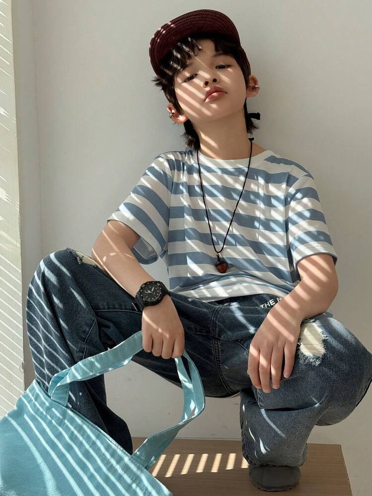 Tween Boy Striped Crew Neck Short Sleeve Casual Loose Versatile T-Shirt Summer