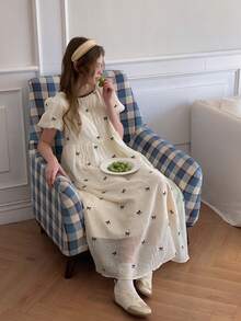 DAZY Teen Girls' Casual Vacation Style Full Butterfly Embroidery Puff Sleeve Waist Cinched Mini Dress, Summer - Apricot - View 2