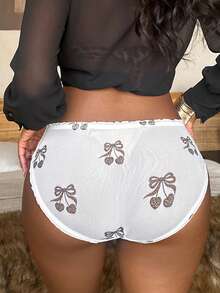 女士豹纹、蝴蝶结、樱桃图案休闲日常内裤 - 白色 - 查看 2