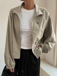 Livesso Women's Loose Waist Drawstring Collar Zipper Embroidery Slant Pocket Long Sleeve Jacket - Khaki - View 3