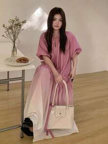 Dazy Plus Plus Size Women's Casual Vacation Elegant Ombre Bubble Sleeve Belted Midi Dress, Summer Sun Dresses For Women - Hot Pink - View 6