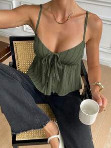 Serisse Women's Striped Spaghetti Strap Tie-Up Ruffle Hem Summer Fashion Camisole - Dark Green - View 5