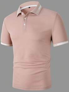 Manfinity Homme 男士休闲撞色滚边短袖Polo衫，夏季裸色Polo衫，男士T领T恤，男士Polo衫，男士夏季纯色短袖休闲通勤Polo衫，男士高尔夫球衫，适合日常休闲、周末旅行、户外活动、探险旅行、轻松的工作环境或半正式场合，可作为男友/丈夫礼物、周年纪念/生日礼物、派对、夏季假期、沙滩装、夏威夷婚礼以及春夏穿着。 - 粉色 - 查看 5