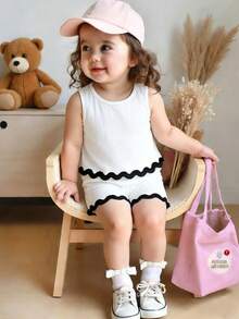2pcs Baby Girl Summer Casual Vacation Outfit,Black And White Contrast Ribbed Knit Tank Top & Shorts Set With Scallop Trim,Two Pieces Clothes - White - View 8