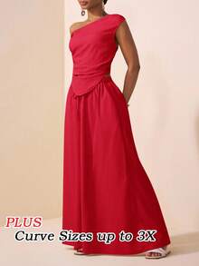 Veslaya Red Summer Elegant Party Women Plus Size Two Pieces Set,Asymmetric Shoulder Ruched Cropped Top And Wide Leg Pants With Pockets,Textured Fabric Outfit - Red - View 4