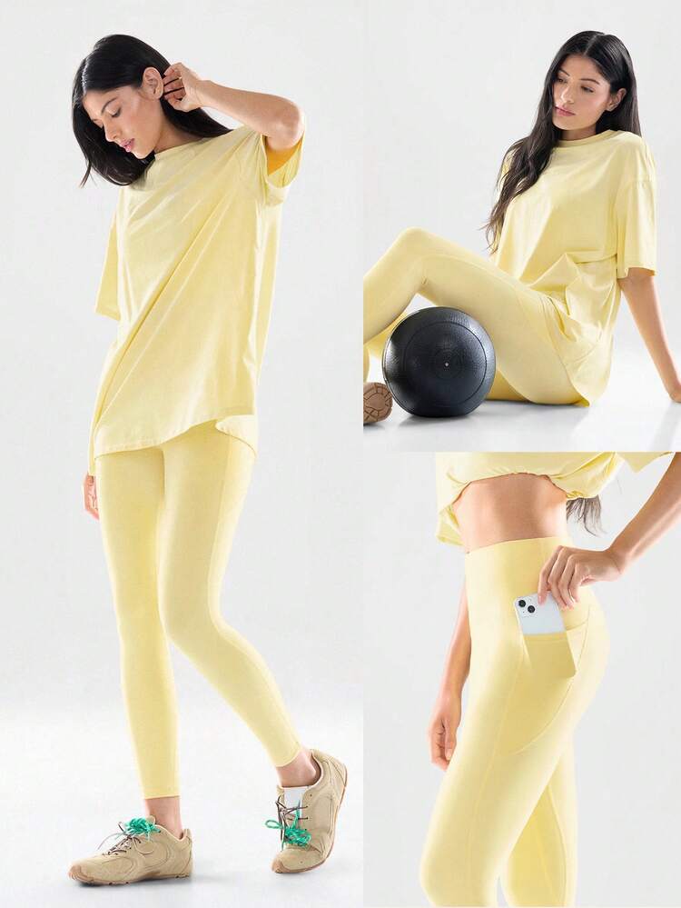 2 Pieces  Pima Cotton Hip Length Tee & 24'' FeatherFit™ Leggings Set With Side Pockets Low Impact Yoga Pilates Daily