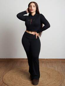 Lupita Cardoza Rave Festival Outfits Women Shirts Women's Crew Neck Cross And Mesh Splice Long Sleeve Tight-Fit T-Shirt - Black - View 1