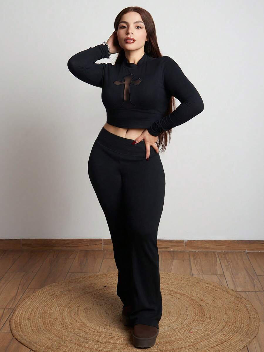 Lupita Cardoza Rave Festival Outfits Women Shirts Women's Crew Neck Cross And Mesh Splice Long Sleeve Tight-Fit T-Shirt - Black - View 1