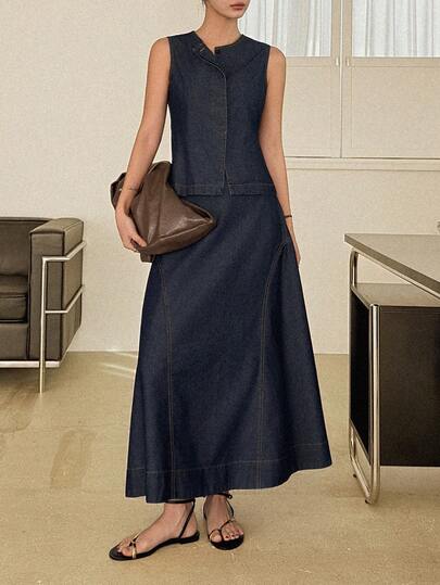 DAZY Women's Casual Denim Suit - Collared Sleeveless Cardigan And Long Skirt