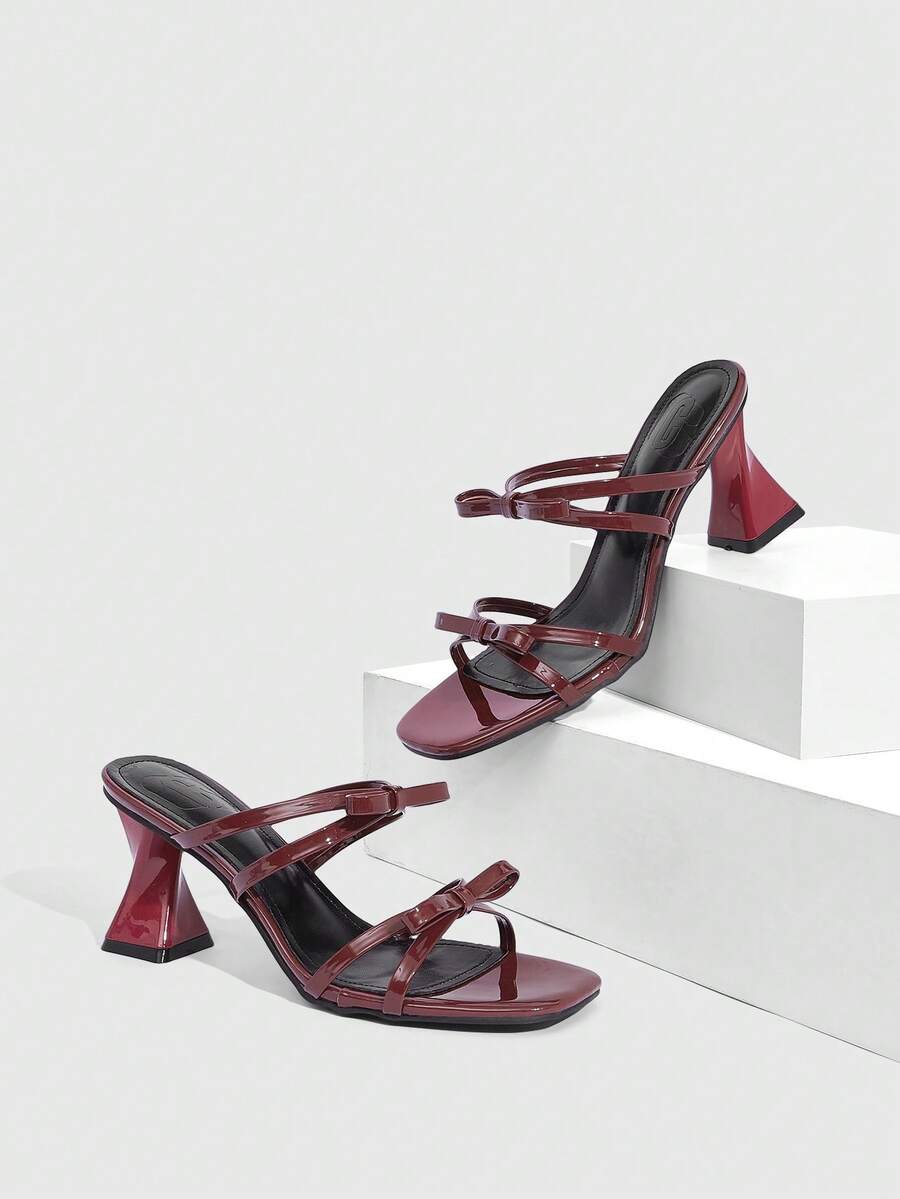 CUCCOO SZL Women's Square Toe Criss-Cross Bow Strap Chunky Heel Sandals - Burgundy - View 1
