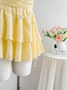 Elamini Đầm ngắn nữ màu vàng dệt jacquard cổ chữ V sâu hở lưng, eo nhún bèo, gấu đầm xếp ly đôi, thanh lịch, tối giản, ngọt ngào, dễ thương, lãng mạn, thích hợp cho kỳ nghỉ, đi biển, hẹn hò hàng ngày, đa năng, mùa xuân/hè. - Màu vàng - Xem 4